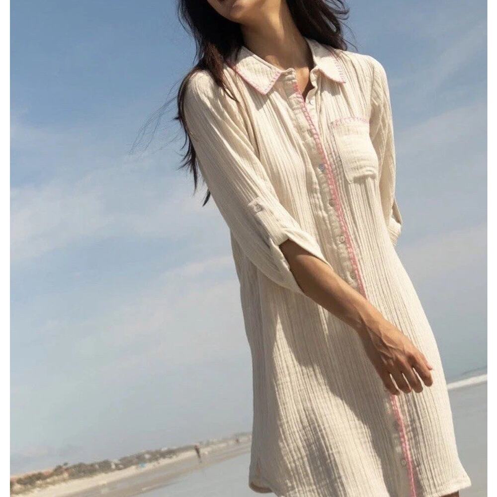 Natural Life Lola Shirt Dress Button Up Cotton Gauze Womens XSmall Cream Pink